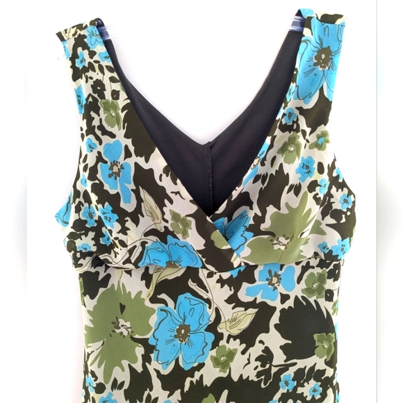 Vintage Green and Blue Sleeveless Floral V Neck Lined Midi Dress Size S - Picture 2 of 3